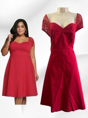 Torrid Red Aline Midi Dress with illusion Polka dot top Size 18